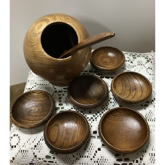 Vintage Mid Century Modern Atomic Wood Orb Sphere Serving Bowl 6 Bowls & Spoon - Picture 7 of 11